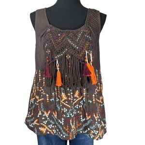 Akemi + Kin Brown Embroidered Tassel Tank Top Bohemian Sleeveless‎ Blouse Small